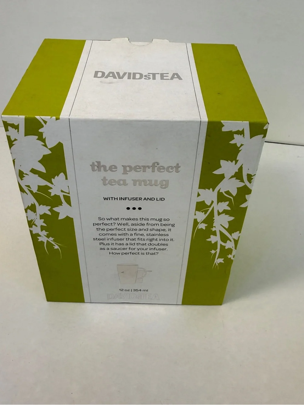 Davids Tea Perfect Mug, Apple Green, “Ivy” Pattern, Lid, Infuser, Box, Good